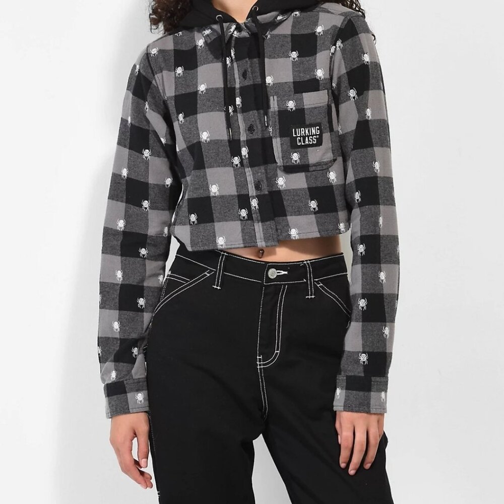 Lurking Class by Sketchy Tank Spider Black Crop Hooded Flannel Shirt